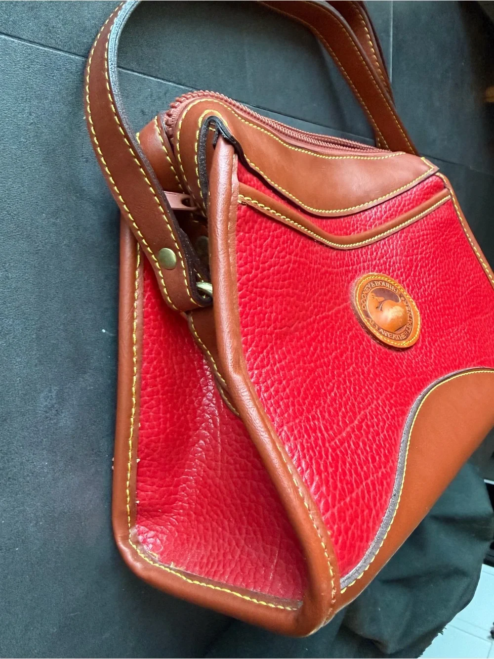 Dooney & Bourke Red Pebbled Leather Shoulder Bag with Brown Trim
